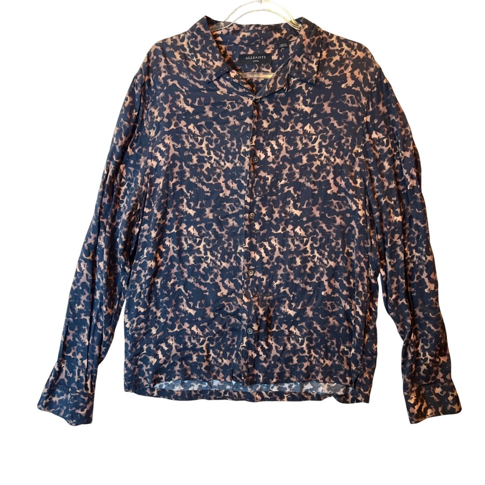 AllSaints Brown Black Animal Abstract Print Viscose Button Down Shirt Large